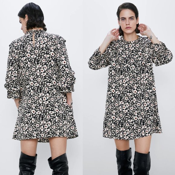 NEW Zara Ruffle Floral Printed Long Sleeves Dress - Picture 5 of 9